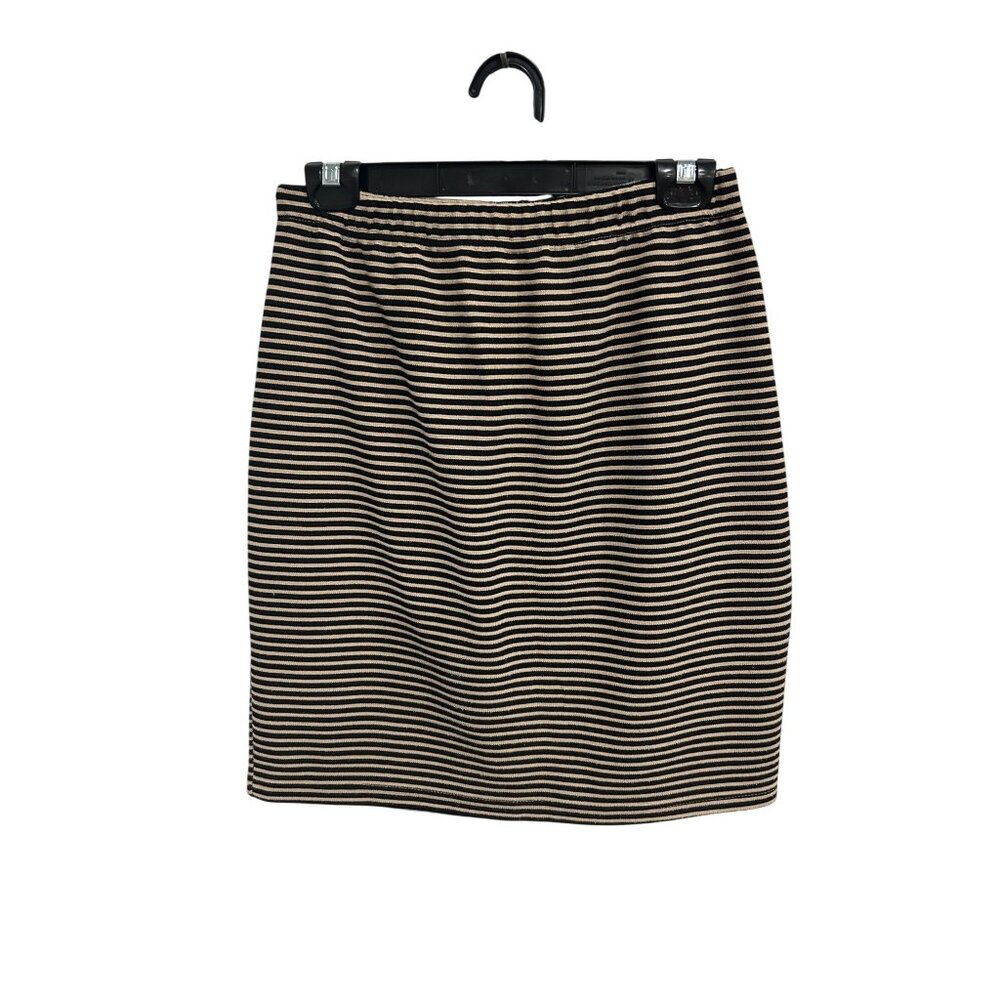 Resource Striped Black Beige Skirt Elastic Waist Back Slit Size M Preppy Casual